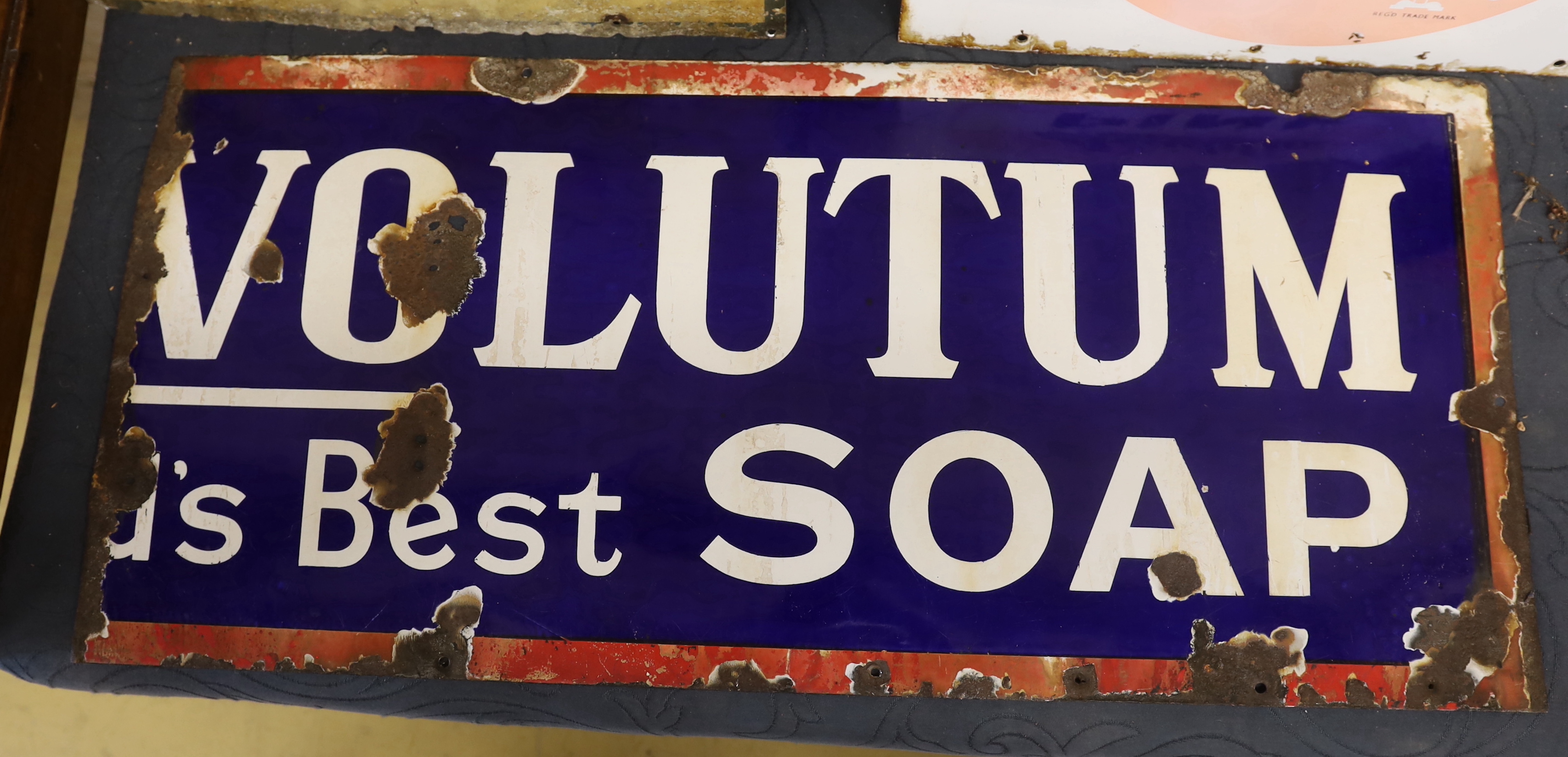 A partial original enamel advertising sign 'Vol (volutum Best Soap' (sic) (a.f.), width 83cm, height 38cm